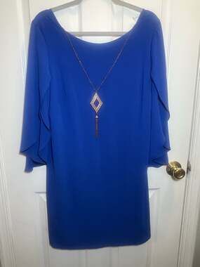AB Studio Royal Blue Bell Sleeve Shift Dress with Removable Gold Tassel Necklace